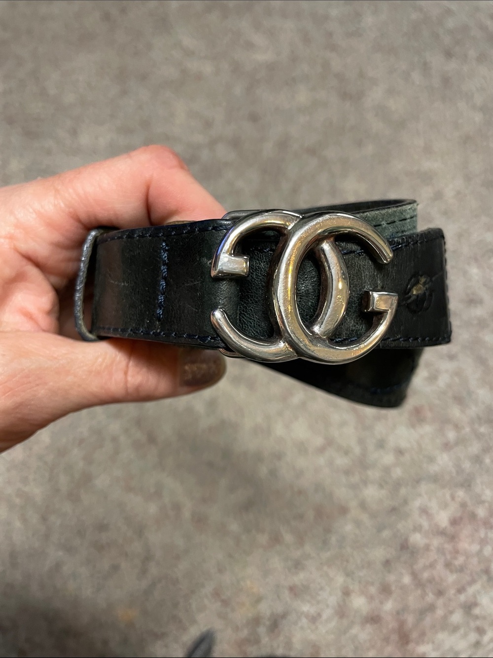 Vintage Gucci Black Leather Belt with Double G Silver Buckle- authentic